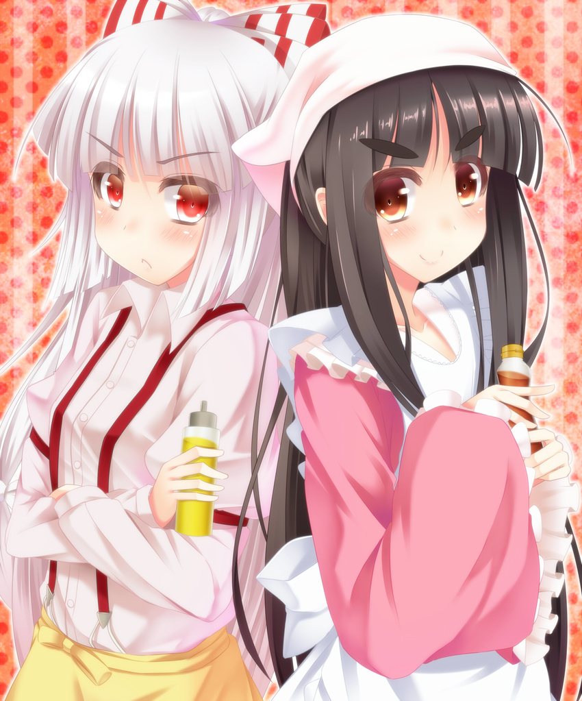 apron black_hair blush bottle brown_eyes dress_shirt eyebrows fujiwara_no_mokou hair_ribbon head_scarf highres houraisan_kaguya megawatt multiple_girls oil red_eyes ribbon shirt smirk suspenders touhou white_hair wide_sleeves