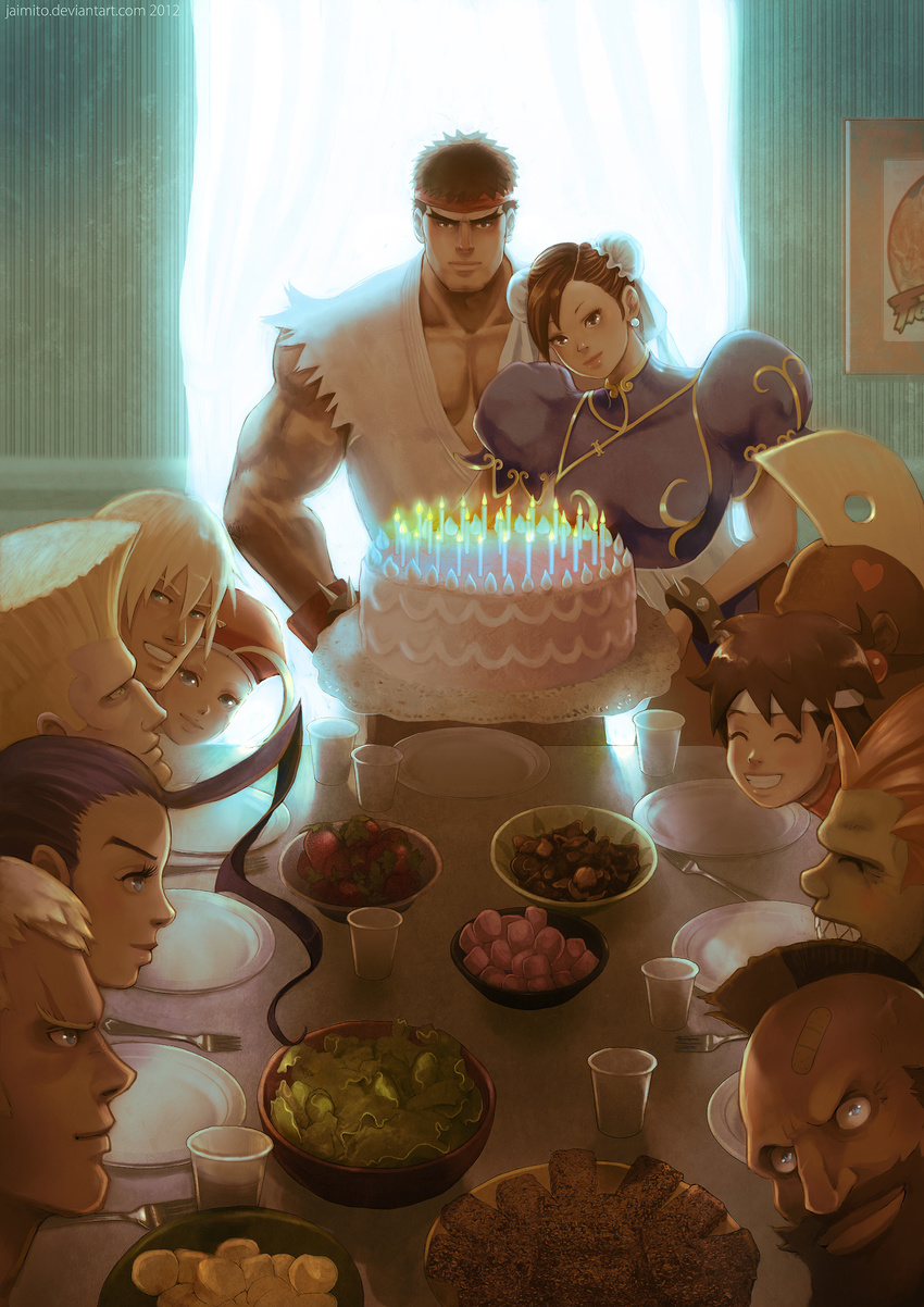 6+boys abel_(street_fighter) antenna_hair bandaid bangs beard beret birdie_(street_fighter) birthday_cake birthday_party blanka blanket blonde_hair blue_eyes brown_eyes brown_hair cake cammy_white candle capcom chinese_clothes chun-li dinner dougi earrings facial_hair food fruit green_skin guile hair_bun hairband hat headband highres jaimito jewelry kasugano_sakura ken_masters long_hair looking_at_viewer mohawk multiple_boys multiple_girls rose_(street_fighter) ryuu_(street_fighter) salad scar short_hair smile strawberry street_fighter watermark zangief