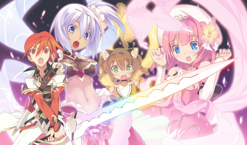 3girls :o agarest_senki_(series) agarest_senki_mariage animal_ears aqua_eyes blade_(galaxist) blush brown_hair cat_ears detached_sleeves dress fang farsia_(agarest_senki) flower green_eyes hat hirano_katsuyuki kunka lavender_hair multiple_girls navel open_mouth paninya_(agarest_senki) pink_hair purple_eyes rain_(agarest_senki) red_eyes red_hair sash sword weapon