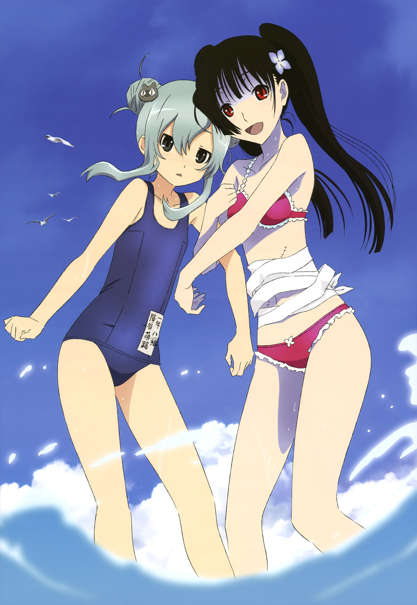 absurdres bikini black_hair brown_eyes cat_hair_ornament flower furuya_mero hair_flower hair_ornament highres long_hair long_legs multiple_girls navel nyantype official_art one-piece_swimsuit red_eyes sakai_kyuuta sanka_rea sankarea scan scar school_swimsuit silver_hair stitches swimsuit