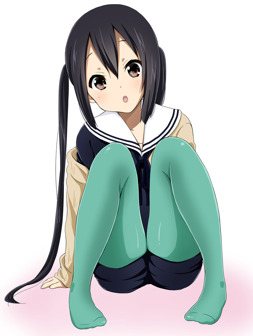 :o bad_id bad_pixiv_id black_hair blue_legwear blush brown_eyes cardigan head_tilt highres k-on! k-on!_movie long_hair nakano_azusa official_style open_cardigan open_clothes open_mouth pantyhose ragho_no_erika simple_background sitting solo white_background