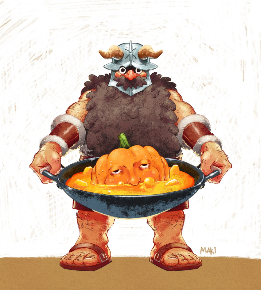 1boy back_hair bara beard brown_hair dryad_fruit_(dungeon_meshi) dungeon_meshi dwarf facial_hair fake_horns foot_hair full_body hairy hand_hair helmet highres holding horned_helmet horns knuckle_hair large_feet large_hands long_beard makinaro male_focus muscular muscular_male mustache senshi_(dungeon_meshi) slippers solo sparse_arm_hair stew straight-on thick_mustache very_long_beard wok