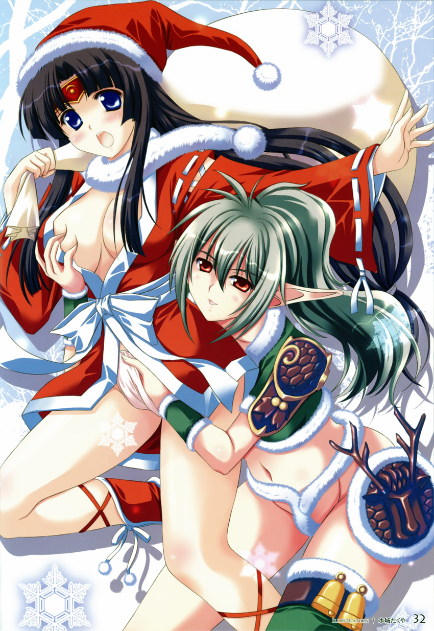 2girls absurdres breast_grab breasts christmas cleavage echidna elf fingering grabbing hand_in_panties highres mizushiro_takuya multiple_girls panties pointy_ears queen's_blade queen's_blade thighhighs tomoe underwear yuri