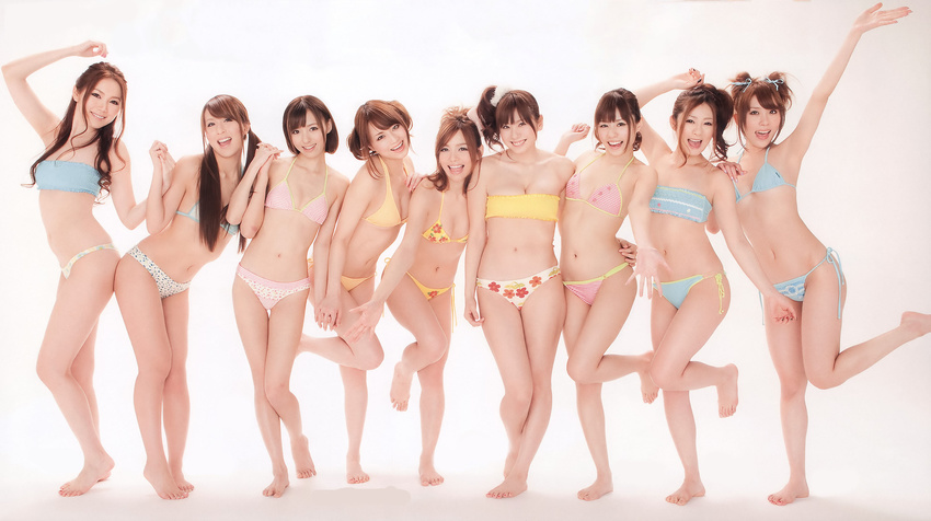 6+girls 9girls asami_yuma asian barefoot bra breasts brown_hair cleavage happy hatsune_minori highres kishi_aino kizaki_jessica long_hair looking_at_viewer midriff multiple_girls navel ogawa_asami panties petite photo rio_(av_idol) rukawa_rina sakuragi_rin short_hair simple_background small_breasts smile twintails underwear white_background yoshizawa_akiho