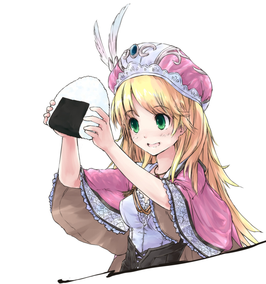 asterisk_(artist) atelier_(series) atelier_rorona blonde_hair capelet corset cosplay food green_eyes hat highres hoshii_miki idolmaster idolmaster_(classic) long_hair onigiri rororina_fryxell rororina_fryxell_(cosplay) smile solo upper_body