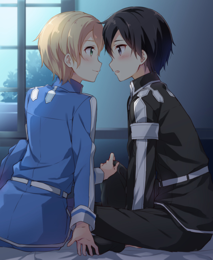 2boys armband belt between_legs black_eyes black_hair black_pants black_shirt blonde_hair blue_pants blue_shirt blush eugeo eye_contact face-to-face green_eyes hand_between_legs hand_on_another's_knee hazuki_(sutasuta) highres indoors kirito legs_crossed long_sleeves looking_at_another male_focus multiple_boys night open_mouth pants shirt sitting smile sword_art_online window yaoi