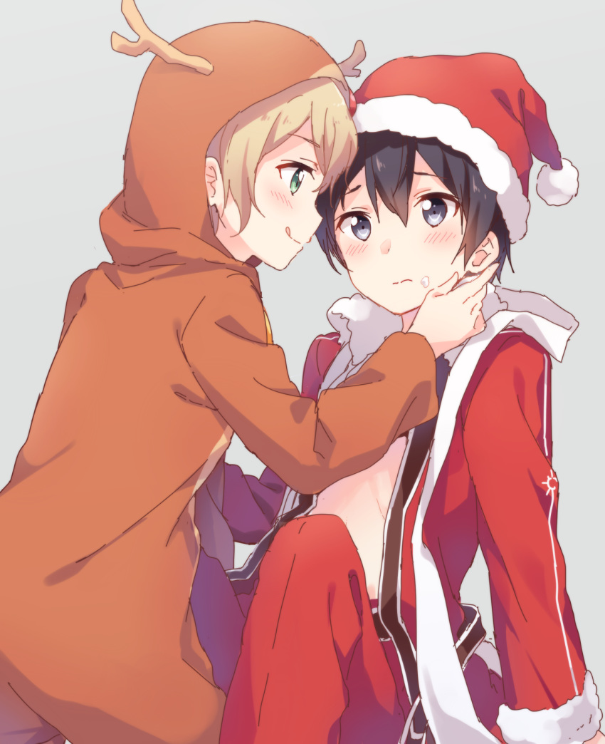 2boys animal_costume antlers black_eyes black_hair blonde_hair blush christmas cosplay eugeo food food_on_face fur-trimmed_jacket fur_trim green_eyes grey_background hat hazuki_(sutasuta) highres hood hood_up jacket kigurumi kirito licking_lips long_sleeves looking_at_another male_focus multiple_boys open_clothes open_jacket pants red_jacket red_pants reindeer_antlers reindeer_costume santa_costume santa_hat simple_background sitting sword_art_online tongue tongue_out yaoi