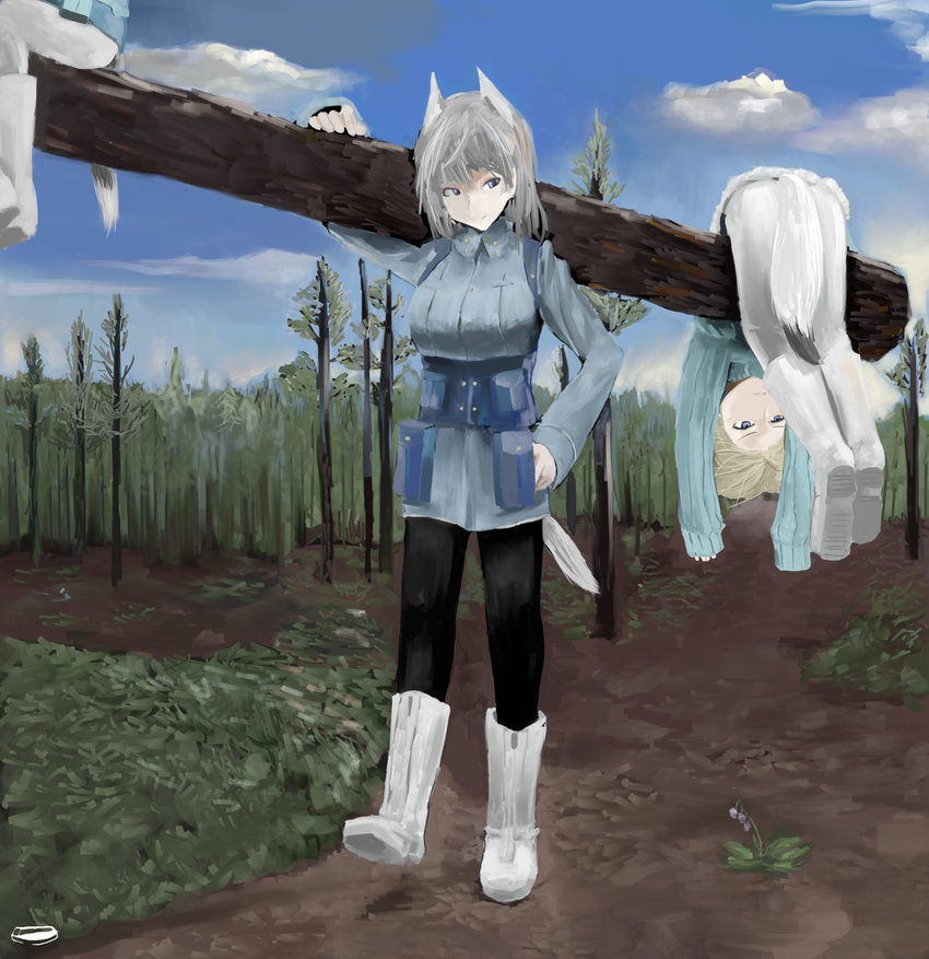 animal_ears aurora_e_juutilainen bad_id bad_pixiv_id bag black_legwear blonde_hair blue_eyes brave_witches carrying carrying_over_shoulder cloud day eila_ilmatar_juutilainen forest grey_hair hanging highres holding log military military_uniform multiple_girls nature nikka_edvardine_katajainen oftaj pantyhose purple_eyes ribbed_sweater satchel short_hair silver_hair sitting sky snow_boots strike_witches sweater tail uniform upside-down white_legwear world_witches_series