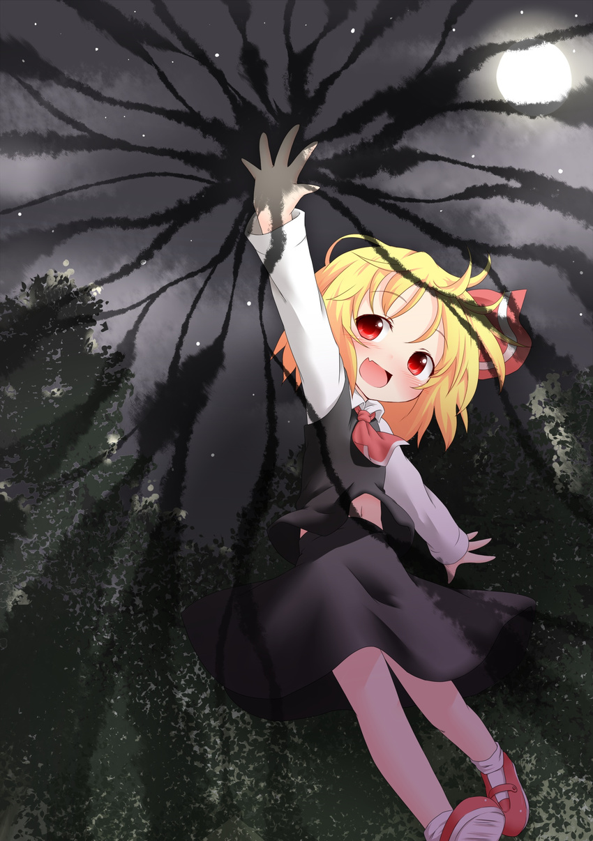 absurdres ascot blonde_hair darkness fang full_moon hair_ribbon highres moon natsu_no_koucha night night_sky red_eyes ribbon rumia short_hair sky solo star_(sky) touhou