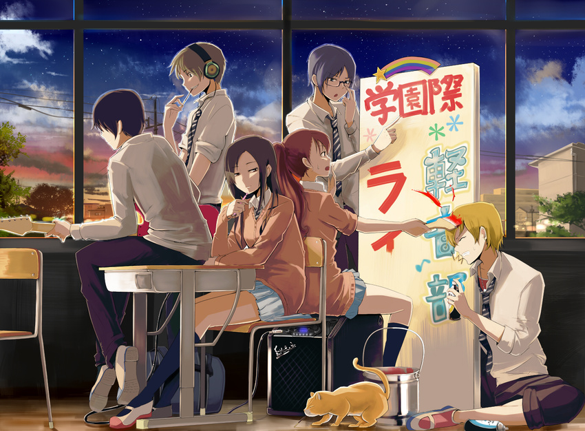 4boys bag blonde_hair brown_hair bucket cat chair cloud desk emerane food glasses guitar hand_to_own_mouth headphones holding instrument kanji mouth_hold multiple_boys multiple_girls musical_note necktie original paint paint_can paintbrush painting pencil pocky ponytail rainbow school_bag school_desk school_uniform shoes sign sitting skirt sky sleeves_rolled_up star star_(sky) starry_sky sweatdrop translation_request trim_brush uwabaki window