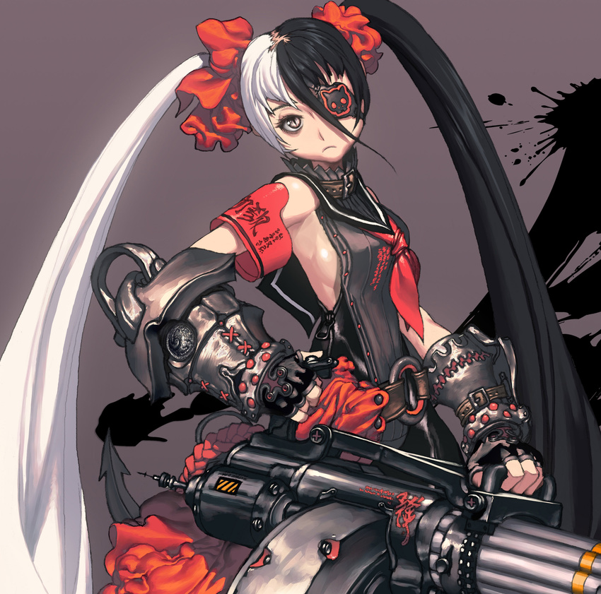1girl absurdres asymmetrical_clothes blade_&amp;_soul eyepatch female fingerless_gloves gauntlets gloves gun highres multicolored_hair po_hwa_ran pohwaran sailor_collar slit_pupils solo twintails two-tone_hair weapon