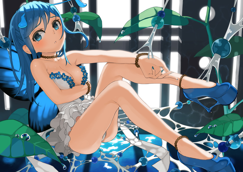:o antennae bad_id bad_pixiv_id blue_eyes blue_hair blue_wings blush breasts butterfly_wings cleavage dress flower high_heels insect_girl jewelry leaf legs medium_breasts monster_girl nail_polish necklace original panties pantyshot parted_lips shiny shiny_skin shoes silk solo spider_web sweat tears tko_(hhan) trapped underwear water wings