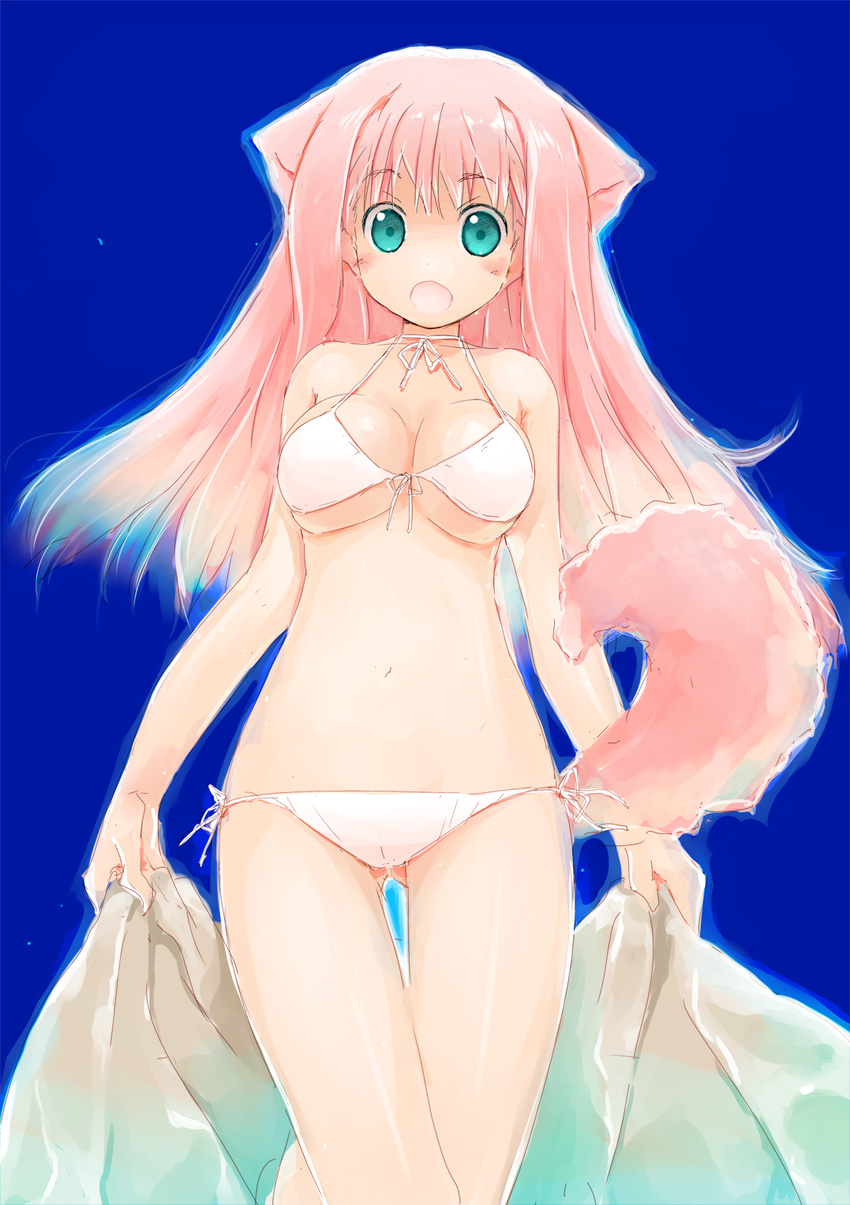 akata_itsuki animal_ears aqua_eyes bikini blush breasts cleavage dog_ears front-tie_top highres long_hair medium_breasts navel open_mouth original pink_hair shiny shiny_skin side-tie_bikini sketch solo swimsuit tail thigh_gap towel underboob