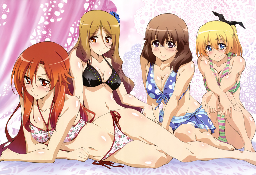 absurdres bikini bikini_skirt blush breasts cleavage dakara_boku_wa_h_ga_dekinai duplicate floral_print front-tie_top fukumune_iria glasses highres kamimoto_kanetoshi large_breasts lisara_restall medium_breasts multiple_girls navel nyantype official_art ookura_mina polka_dot polka_dot_bikini polka_dot_swimsuit quele_sellier scan shiny shiny_skin short_hair side-tie_bikini small_breasts smile striped striped_bikini striped_swimsuit swimsuit