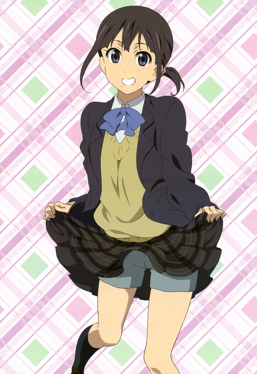 absurdres black_hair blue_eyes grin highres kokoro_connect legs mole mole_under_mouth nagase_iori noda_megumi_(artist) non-web_source nyantype official_art plaid plaid_background scan short_hair shorts shorts_under_skirt skirt skirt_lift smile socks solo