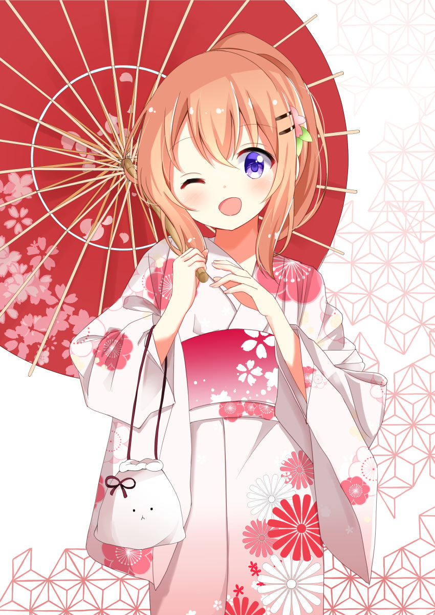 1girl ;d absurdres bangs blush eyebrows_visible_through_hair floral_print gochuumon_wa_usagi_desu_ka? hair_between_eyes hair_ornament hairclip head_tilt high_ponytail highres holding holding_umbrella hoto_cocoa japanese_clothes kimono kousaka_nobaku light_brown_hair long_sleeves looking_at_viewer obi one_eye_closed open_mouth oriental_umbrella ponytail pouch print_kimono print_umbrella red_umbrella sash sidelocks smile solo tippy_(gochiusa) umbrella white_background white_kimono wide_sleeves