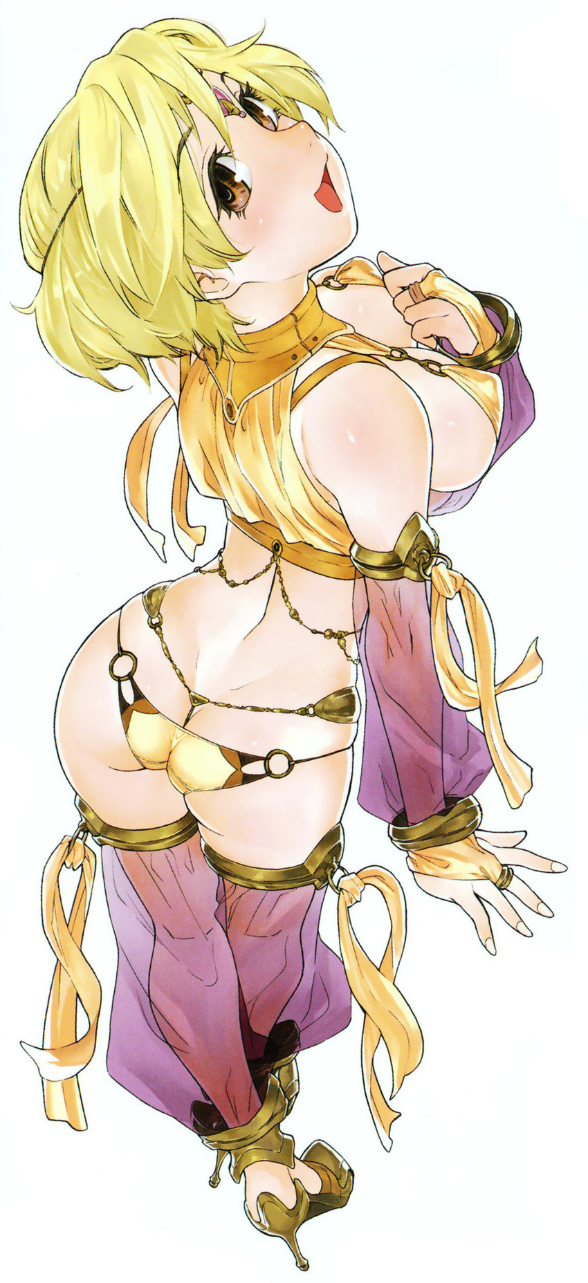 absurdres ass blonde_hair breasts brown_eyes butt_crack cleavage crop_top from_above from_behind full_body harem_outfit high_heels highres large_breasts looking_at_viewer looking_back midriff miina_(power_play) o-ring o-ring_bottom o-ring_top open_mouth panties power_play_(comic) scan see-through shiny shiny_skin shoes short_hair sideboob simple_background skindentation smile solo underwear white_background yamatogawa