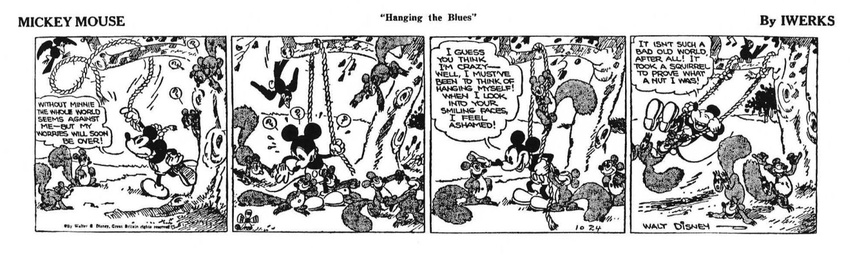 bird black_and_white comic dialog dialogue disney english_text feral flower floyd_gottfredson male mammal mickey_mouse monochrome mouse musical_note noose pillow rodent rope squirrel suicide swing text tree walter_elias_"walt"_disney wood