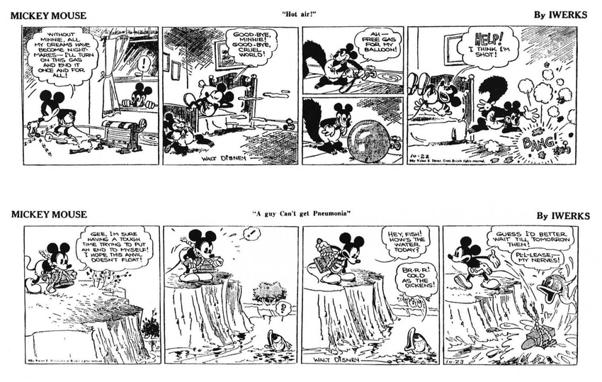 balloon bed black_and_white comic dialog dialogue disney english_text fish floyd_gottfredson gas heater male mammal marine mickey_mouse monochrome mouse pillow rodent rope squirrel suicide text tree walter_elias_"walt"_disney water window wood