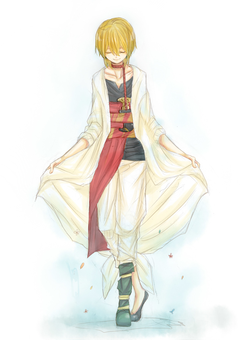 ali_baba_saluja bad_id bad_pixiv_id baggy_clothes baggy_pants blonde_hair cloak closed_eyes collar crossed_legs curtsey highres kagamine knife magi_the_labyrinth_of_magic male_focus mismatched_footwear pants solo watson_cross