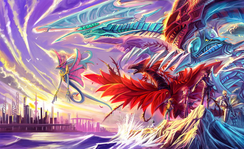 3boys ancient_fairy_dragon black-winged_dragon black_rose_dragon city crow_hogan dragon duel_monster fudou_yuusei izayoi_aki jack_atlas jimaoxiaodi luca_(yuu-gi-ou) multiple_boys red_dragon_archfiend stardust_dragon water yuu-gi-ou yuu-gi-ou_5d's