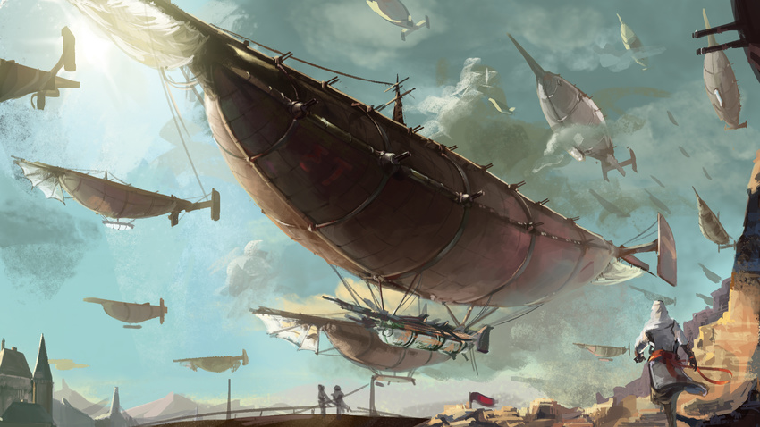 aircraft airship altair_ibn_la-ahad assassin's_creed assassin's_creed_(series) building cloud gauntlets highres hood male_focus pixiv_fantasia pixiv_fantasia_sword_regalia sash scenery sky walking yama_(pixiv)