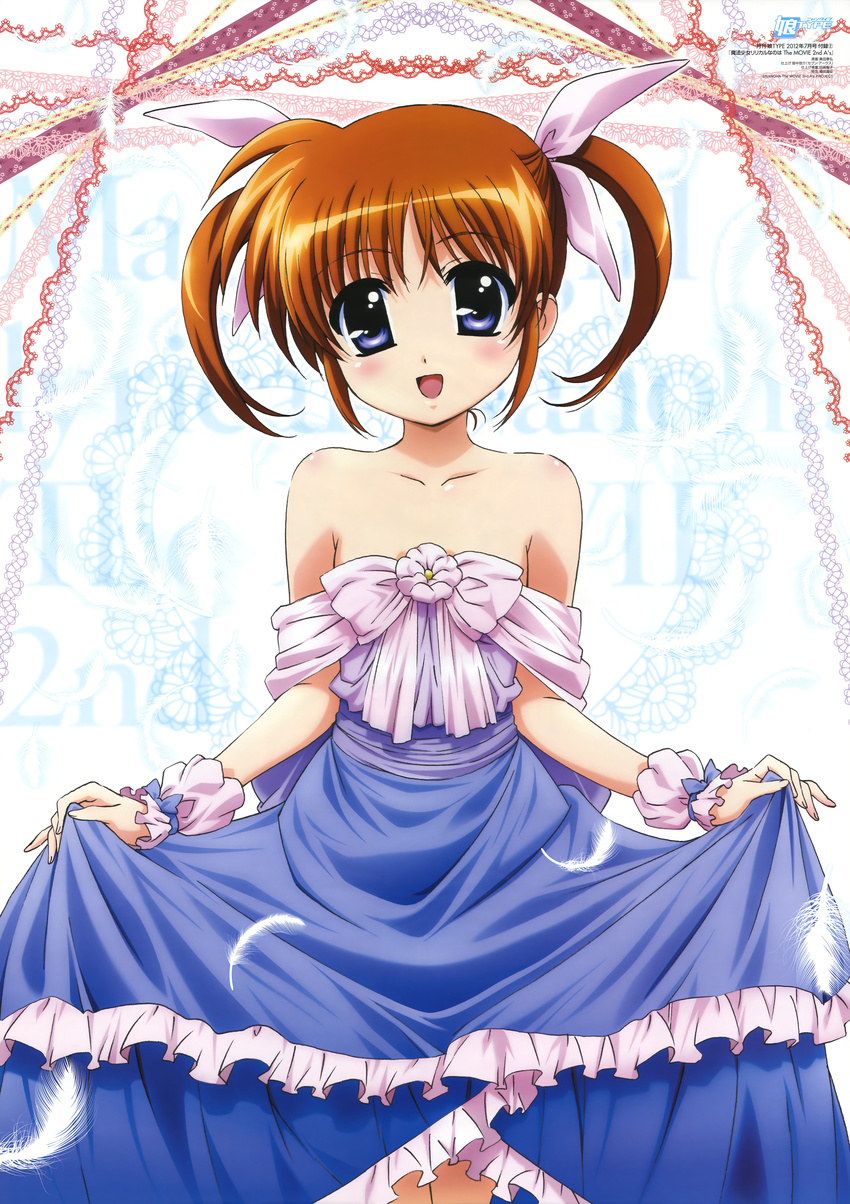 1girl absurdres bare_shoulders blush brown_hair dress highres lyrical_nanoha mahou_shoujo_lyrical_nanoha mahou_shoujo_lyrical_nanoha_a's mahou_shoujo_lyrical_nanoha_a's mahou_shoujo_lyrical_nanoha_the_movie_2nd_a's mahou_shoujo_lyrical_nanoha_the_movie_2nd_a's nyantype official_art okuda_yasuhiro purple_eyes scan short_twintails skirt_hold solo takamachi_nanoha twintails