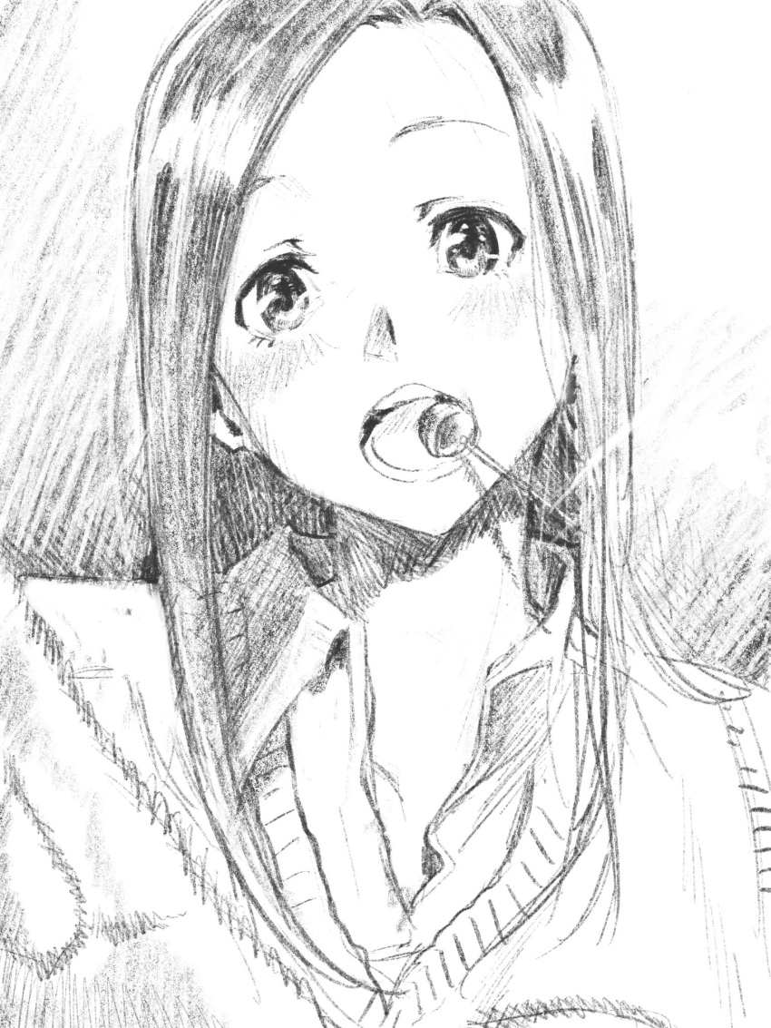 1girl :d blush candy cardigan collared_shirt commentary_request copyright_request food graphite_(medium) greyscale head_tilt highres lollipop long_hair looking_at_viewer monochrome mouth_hold open_mouth pink_x scan shirt smile solo traditional_media wing_collar