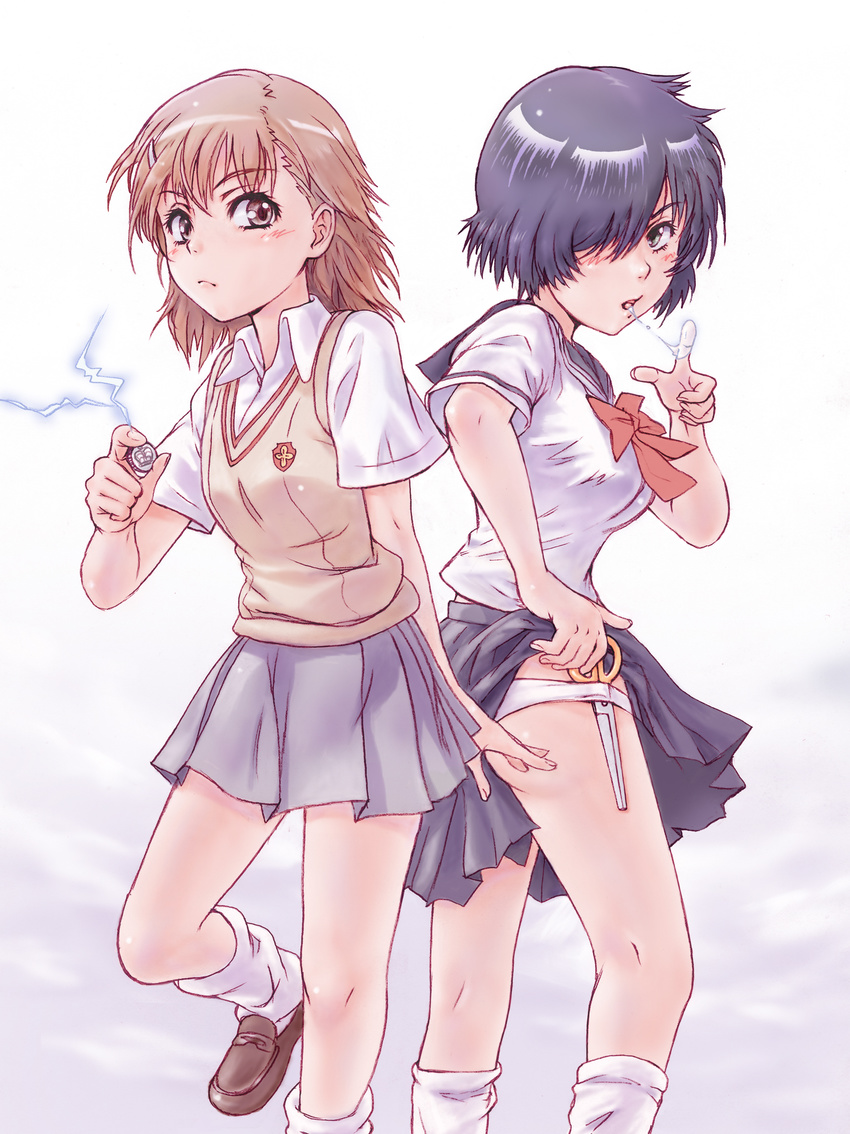 absurdres black_hair brown_eyes brown_hair crossover hair_over_one_eye highres in_panties md5_mismatch misaka_mikoto multiple_girls namesake nazo_no_kanojo_x panties saliva saliva_trail school_uniform scissors serafuku short_hair skirt sweater_vest to_aru_kagaku_no_railgun to_aru_majutsu_no_index underwear urabe_mikoto yoshikawa_kazunori