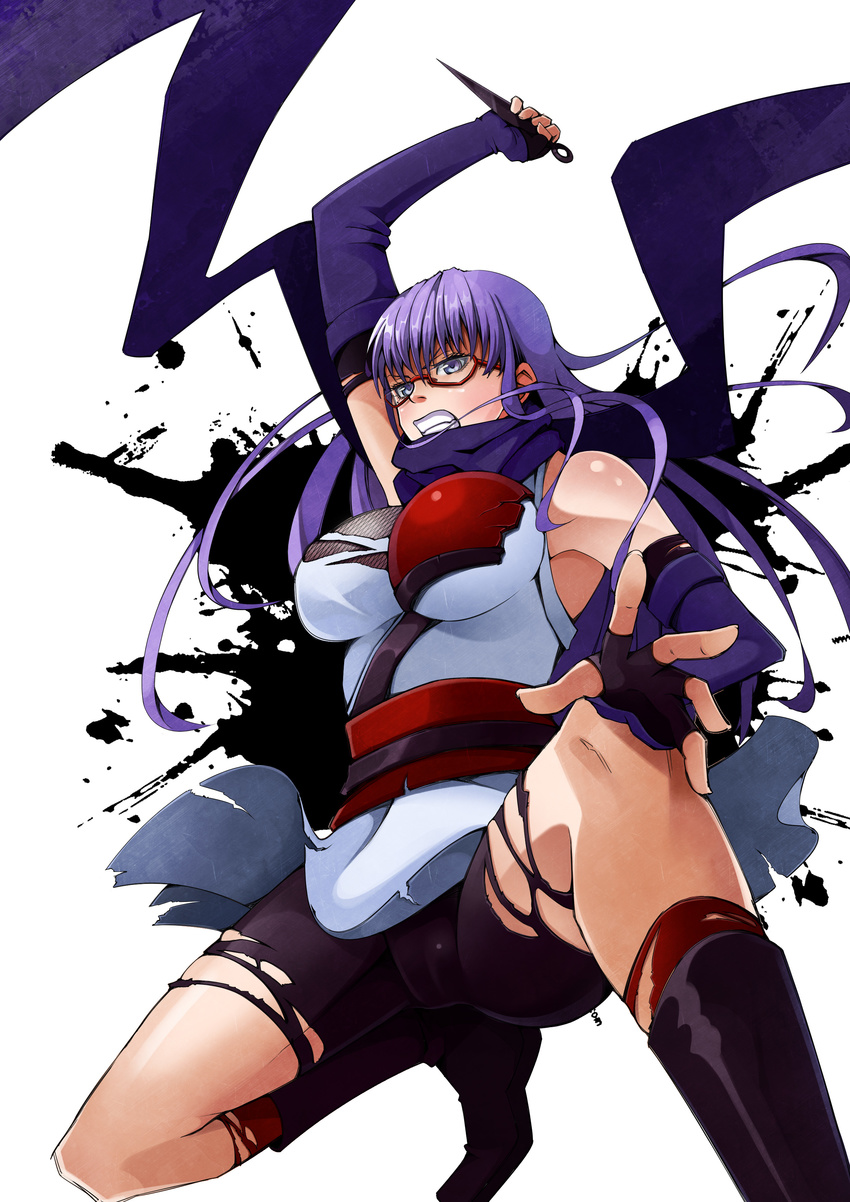 52ikaros absurdres arm_up bad_id bad_pixiv_id bike_shorts blue_eyes boots breasts clenched_teeth gintama glasses gloves highres knee_boots kunai large_breasts long_hair ninja purple_hair purple_scarf red-framed_eyewear sarutobi_ayame scarf solo squatting teeth weapon white_background