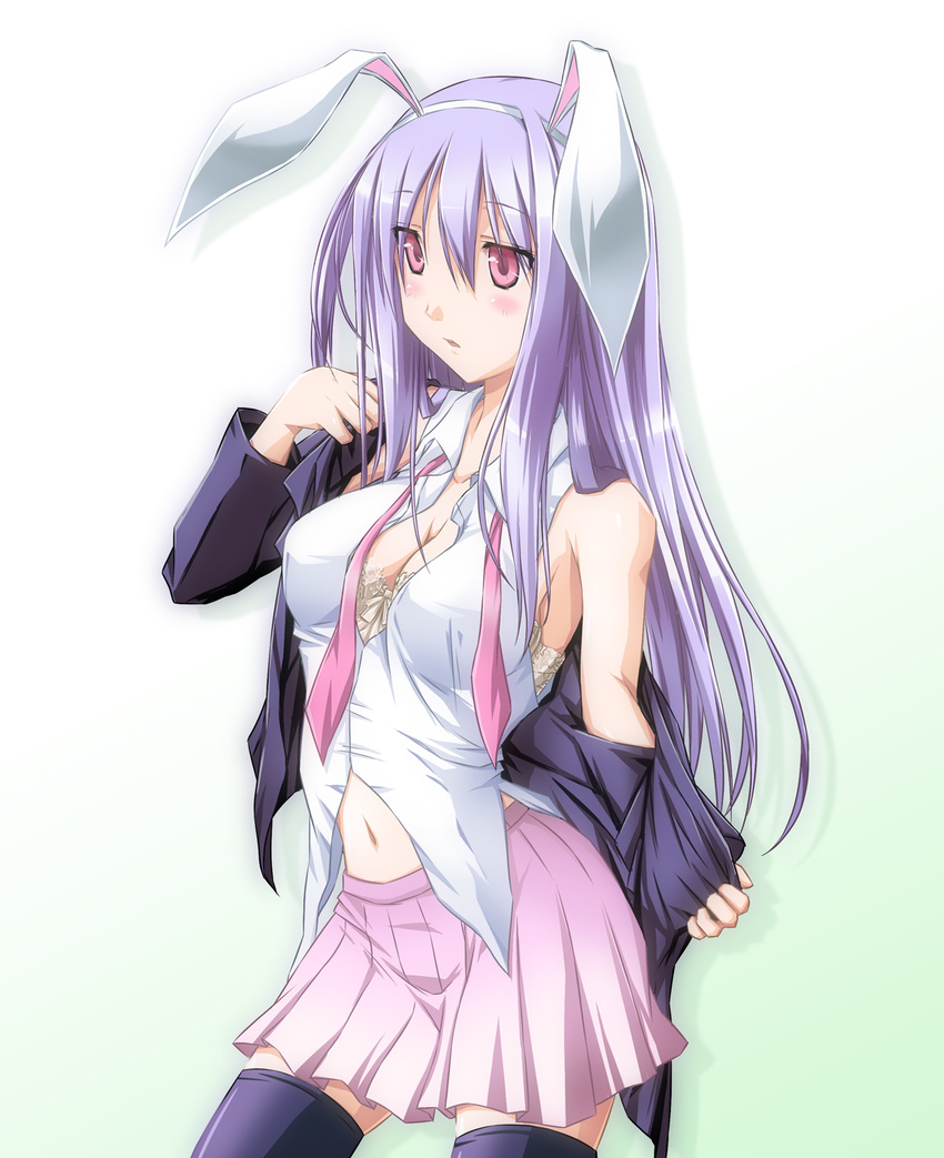 animal_ears blush bra breasts bunny_ears cleavage dress_shirt hairband highres lavender_hair long_hair looking_at_viewer medium_breasts midriff navel necktie nori_tamago off_shoulder open_clothes open_shirt pleated_skirt reisen_udongein_inaba shirt skirt sleeveless sleeveless_shirt solo thighhighs touhou underwear undressing