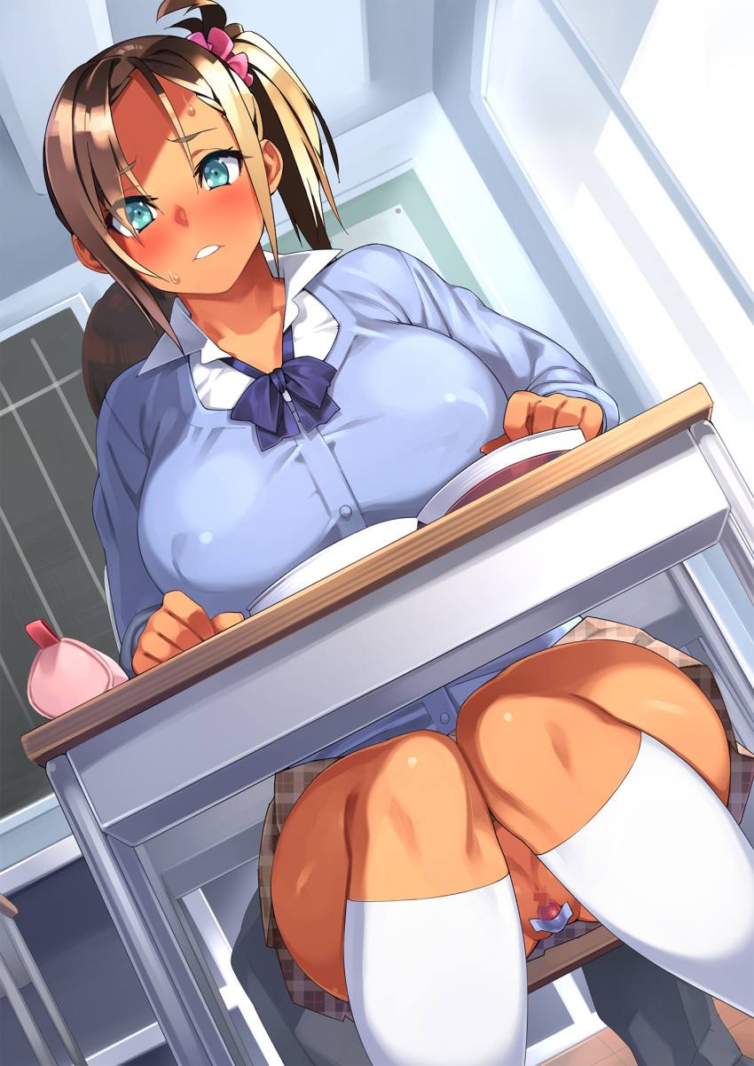 23_(real_xxiii) blazer blonde_hair blush book bow bowtie breasts censored chair choukyou!_sekkan!_maji_kutsujoku!_aashi_bitch_ni_ochitan_dakedoo classroom dark_skin desk egg_vibrator erect_nipples green_eyes gyaru highres indoors jacket large_breasts legs legs_together long_hair looking_at_viewer mosaic_censoring no_panties original parted_lips ponytail pussy school_uniform short_ponytail sitting skirt solo_focus thighs tied_hair upskirt vibrator