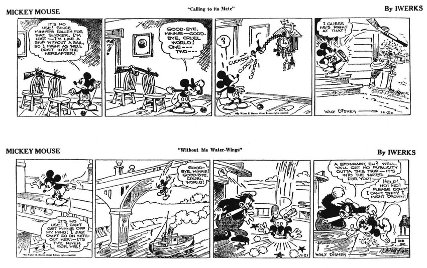 bird black_and_white boat bridge cat chair clock comic cuckoo cuckoo_clock dialog dialogue disney english_text feline floyd_gottfredson gun hat male mammal mickey_mouse monochrome mouse ranged_weapon rifle river rodent star string suicide text trash_can walter_elias_"walt"_disney water weapon winchester_rifle