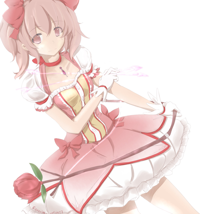 2011 arrow bow bow_(weapon) bubble_skirt choker dated dutch_angle flat_chest flower frills gloves hair_bow highres kaname_madoka light_smile looking_at_viewer magical_girl mahou_shoujo_madoka_magica nanaonal pink_eyes pink_hair puffy_sleeves rose short_sleeves short_twintails signature simple_background skirt solo soul_gem twintails watermark weapon white_background white_gloves