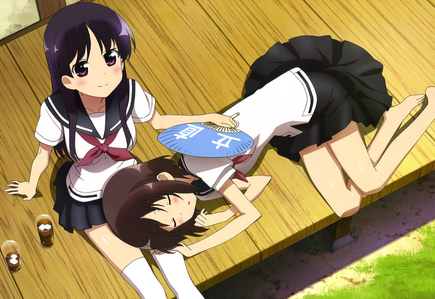 absurdres barefoot blush brown_hair closed_eyes drink fan feet from_above glass highres lap_pillow legs long_hair looking_up lying multiple_girls non-web_source nyantype official_art on_side onjouji_toki paper_fan purple_eyes purple_hair saki saki_achiga-hen scan school_uniform senriyama_school_uniform serafuku shimizudani_ryuuka short_hair sitting skirt sleeping smile thighhighs uchiwa veranda white_legwear yuri