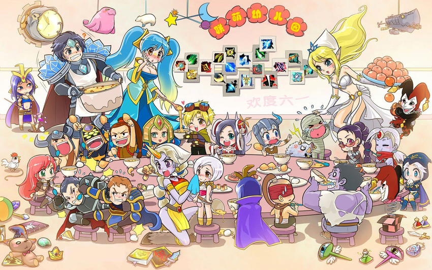 6+girls :d ? age_regression amumu annotated armor ashe_(league_of_legends) blonde_hair blue_eyes blue_hair blush boar book bottle bowl breasts bristle brown_eyes brown_hair cape cassiopeia_du_couteau chibi cleavage clock closed_eyes corki crown darius_(league_of_legends) dr._mundo eating emilia_leblanc everyone ezreal fighting floating food fruit garen_crownguard gem goggles gradient_hair green_eyes grey_hair helmet hood hooves horn horned_helmet horns irelia jack-in-the-box janna_windforce katarina_du_couteau knife ladle league_of_legends lee_sin long_hair master_yi meat medium_breasts midriff milikki multicolored_hair multiple_boys multiple_girls mummy one_eye_closed open_mouth pinwheel plate pointy_ears ponytail pot potion purple_eyes purple_hair purple_skin red_hair riven_(league_of_legends) scarf sejuani shaco shauna_vayne short_hair silver_hair slit_pupils small_breasts smile sona_buvelle soraka spoon staff stool stuffed_animal stuffed_toy sunglasses sweatdrop sword table taric tears teddy_bear translated tryndamere twintails urf varus very_long_hair volibear weapon white_hair xin_zhao younger zilean