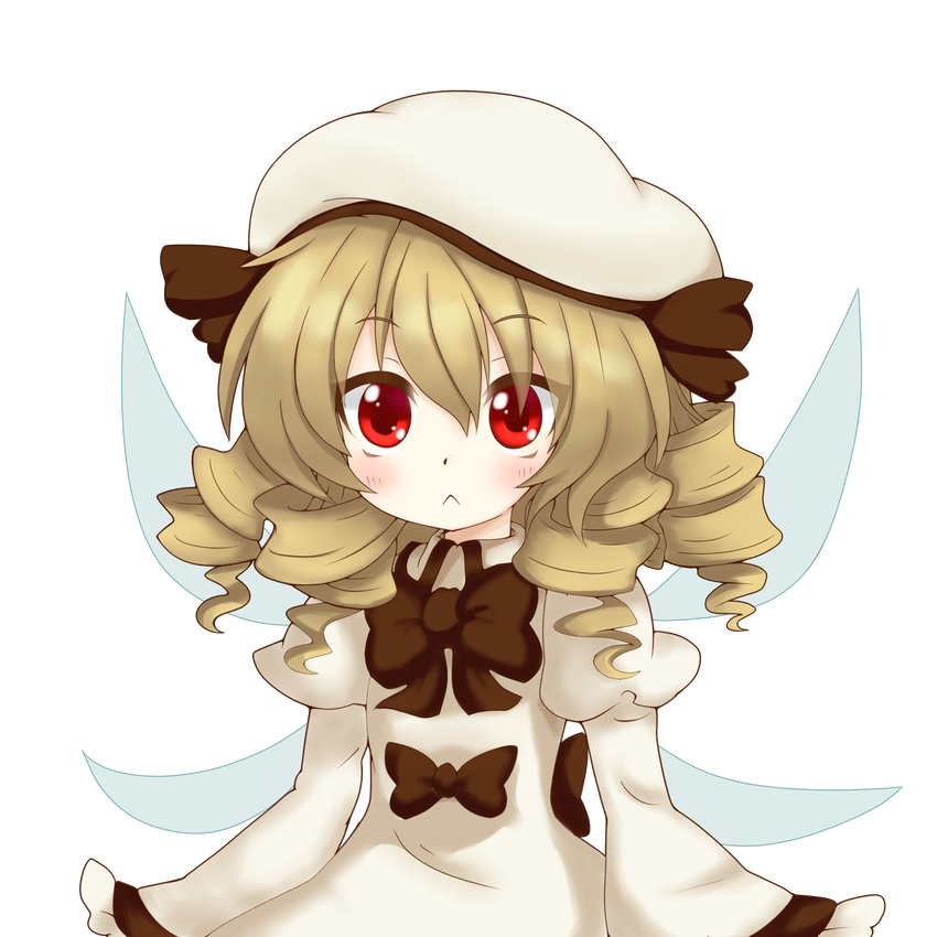 aki_chimaki blonde_hair blush bow brown_hair drill_hair fairy_wings hat highres long_hair luna_child red_eyes solo touhou transparent_background wings