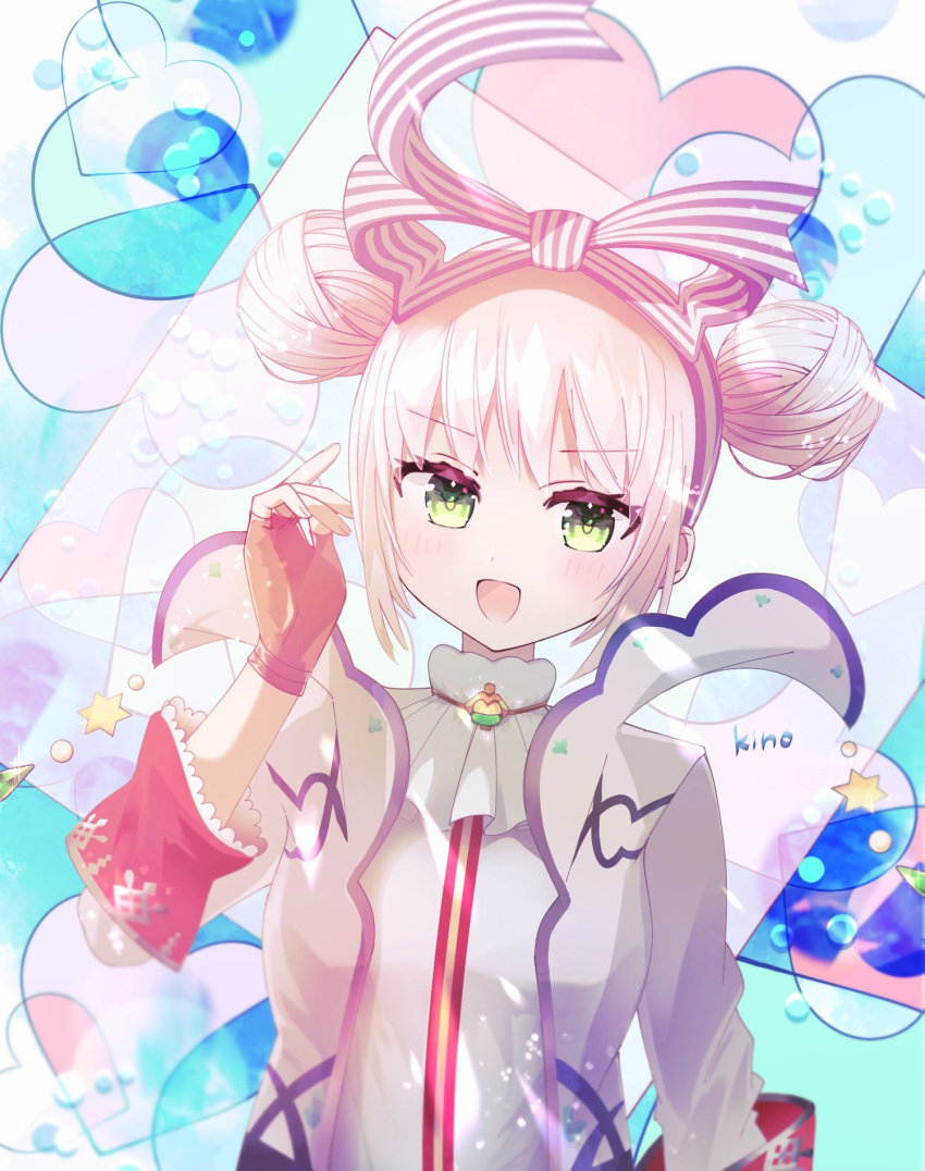 1girl :d atelier_(series) atelier_firis atelier_sophie_2 blue_background brown_gloves commentary_request cosplay double_bun fingerless_gloves gloves green_eyes hair_bun hair_ribbon hand_up highres ilmeria_von_leinweber ilmeria_von_leinweber_(cosplay) kino_te long_sleeves looking_at_viewer official_alternate_costume open_mouth plachta purple_ribbon ribbon shirt short_hair smile solo upper_body white_shirt