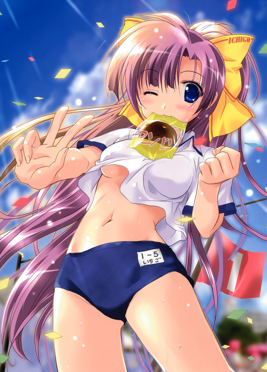 absurdres anpan blue_eyes bow bread_eating_race breasts buruma confetti copyright_request flag food food_in_mouth hair_bow highres komatsu_eiji medium_breasts mouth_hold navel no_bra one_eye_closed ponytail purple_hair shirt_lift sports_festival track_and_field underboob v