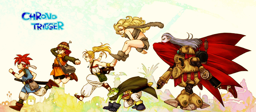 4boys ayla_(chrono_trigger) blonde_hair cape chrono_trigger crono highres kaeru_(chrono_trigger) long_hair lucca_ashtear magus marle multiple_boys multiple_girls purple_hair red_hair robo short_hair simple_background