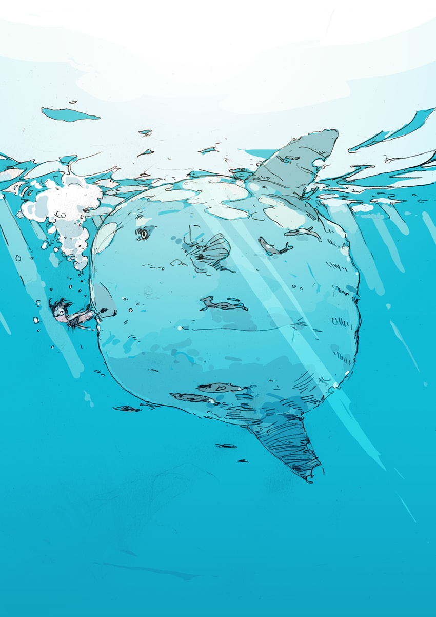 air_bubble animal black_hair blue bubble copyright_request fish freediving goggles highres light_rays looking_to_the_side ocean short_hair sunfish swimsuit uki_atsuya underwater water
