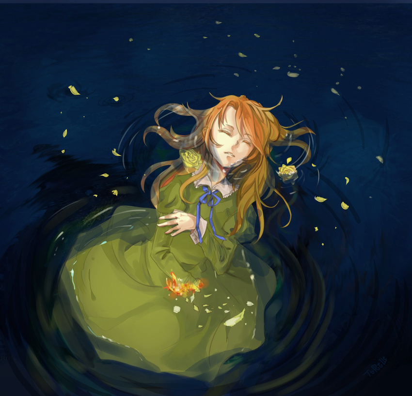 afloat blonde_hair closed_eyes dress flower highres ib kamekame long_hair mary_(ib) petals rose solo water yellow_flower yellow_rose