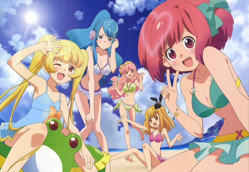 aida_orine akb0048 beach bikini blonde_hair blue_eyes blue_hair blush braid breasts cleavage eyes flower heart ichijou_yuuka long_hair motomiya_nagisa multiple_girls official_art open_mouth pink_hair popsicle red_eyes red_hair shinonome_sonata short_hair sono_chieri swimsuit twintails v wink yellow yellow_eyes