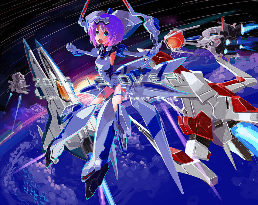 aqua_eyes arrowhead_(r-type) darius elbow_gloves exelica force_(r-type) gloves gradius mecha_musume one-piece_swimsuit open_mouth outstretched_arms personification purple_hair r-type school_swimsuit short_hair silver_hawk smile solo space space_craft spread_arms swimsuit swimsuit_costume trigger_heart_exelica vic_viper white_school_swimsuit white_swimsuit xanado