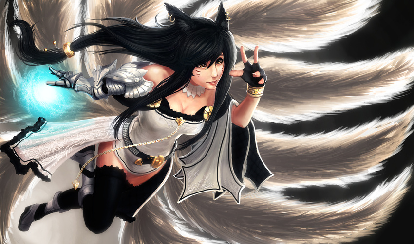 ahri alternate_costume animal_ears bare_shoulders black_eyes black_hair boots bracelet breasts cleavage edward_montenegro facial_mark fingerless_gloves fox_ears fox_tail gauntlets gloves highres jewelry league_of_legends lips long_hair medium_breasts multiple_tails running solo tail thighhighs whisker_markings zettai_ryouiki