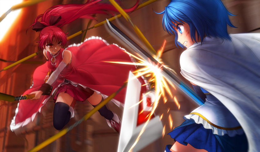 bare_shoulders battle blood blue_eyes blue_hair blurry boots bow cape chain clash clenched_teeth duel highres long_hair magical_girl mahou_shoujo_madoka_magica miki_sayaka multiple_girls mutsuki_(moonknives) polearm ponytail red_eyes red_hair sakura_kyouko short_hair skirt spear sword teeth weapon