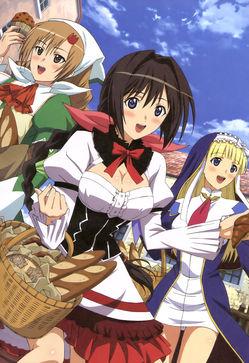 absurdres blonde_hair blue_eyes blush braid bread breasts brown_eyes brown_hair cleavage cloud cupcake day eari_(shining_hearts) food highres long_hair manaflare_amil medium_breasts multiple_girls neris_(shining_hearts) non-web_source nun official_art open_mouth ponytail shining_(series) shining_hearts sky