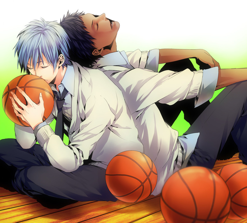 aomine_daiki back-to-back bad_id bad_pixiv_id basketball black_hair blue_hair closed_eyes dark_skin dark_skinned_male komashiro kuroko_no_basuke kuroko_tetsuya male_focus multiple_boys open_mouth school_uniform