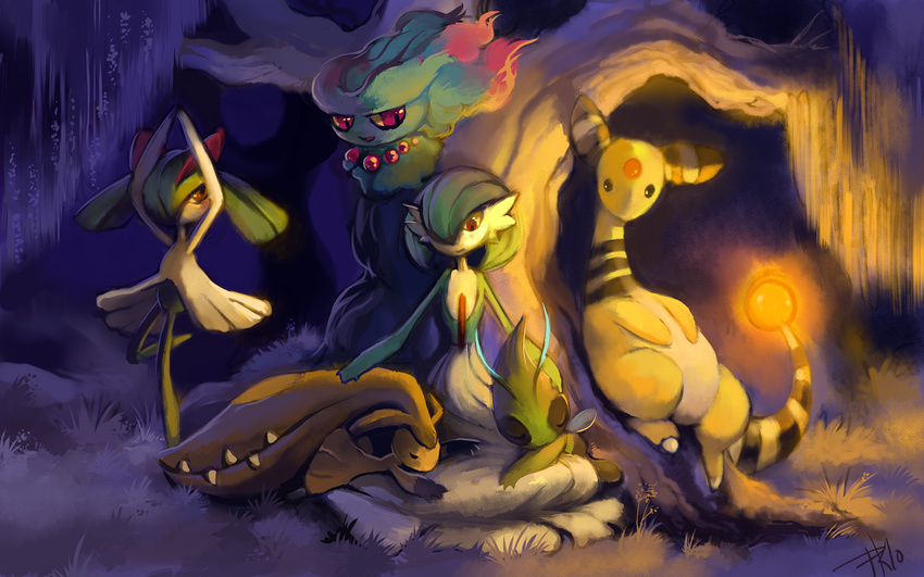 ampharos arms_up bad_deviantart_id bad_id celebi closed_eyes creature dancing dark floating full_body gardevoir gen_2_pokemon gen_3_pokemon ghost glitchedpuppet glowing grass hand_on_another's_head highres huge_filesize kirlia light lying mawile misdreavus nature night no_humans on_stomach outdoors pokemon pokemon_(creature) pose red_eyes signature sitting sleeping smile teeth tree willow