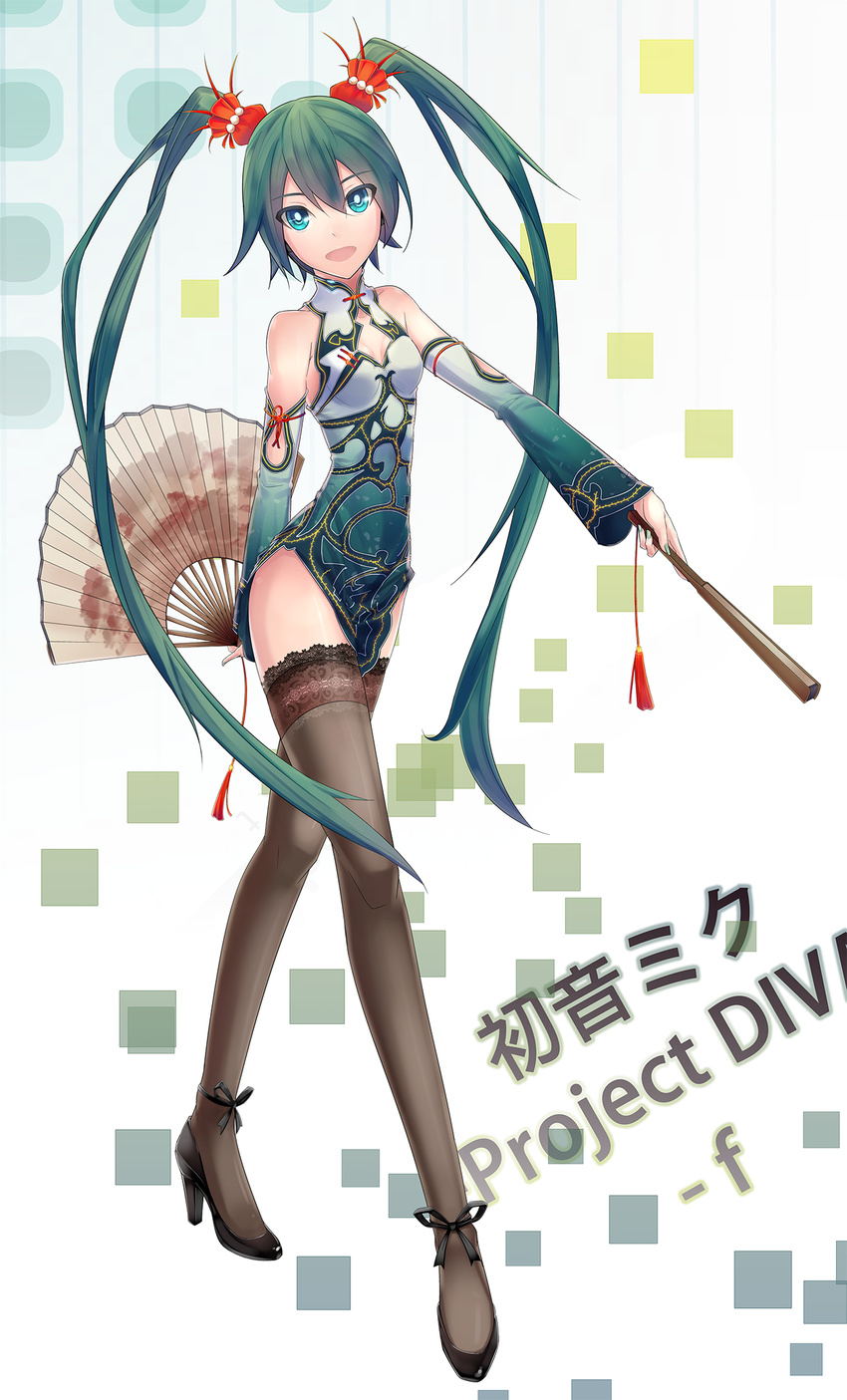 bare_shoulders character_name china_dress chinese_clothes detached_sleeves dress fan folding_fan green_eyes green_hair hatsune_miku high_heels highres lace lace-trimmed_thighhighs long_hair open_mouth project_diva_(series) project_diva_f sein_(tgf19911119) shoes solo suigyoku_(module) thighhighs twintails very_long_hair vocaloid world's_end_dancehall_(vocaloid)